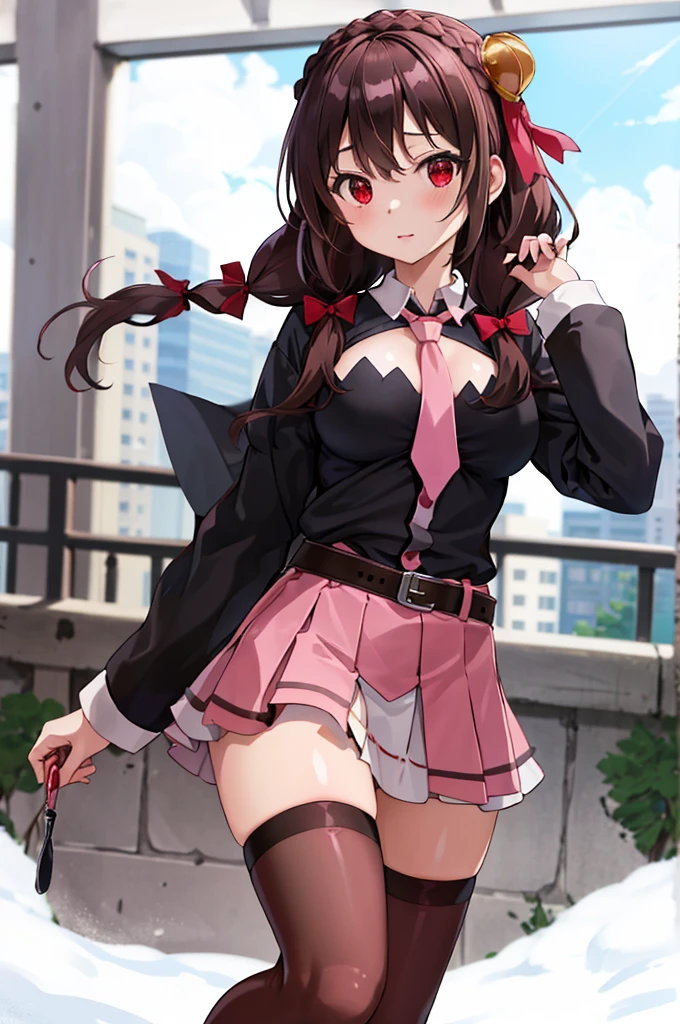 masterpiece, best quality, highres, yunyun1, 1girl, red eyes, solo, thighhighs, necktie, skirt, braid, long hair, pink necktie, large breasts, belt, hair ornament, black hair, hair bow, crown braid, long sleeves, brown hair, twintails, hand up, field,