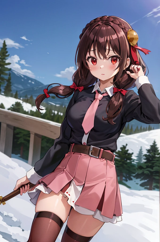 masterpiece, best quality, highres, yunyun1, 1girl, red eyes, solo, thighhighs, necktie, skirt, braid, long hair, pink necktie, large breasts, belt, hair ornament, black hair, hair bow, crown braid, long sleeves, brown hair, twintails, hand up, field,