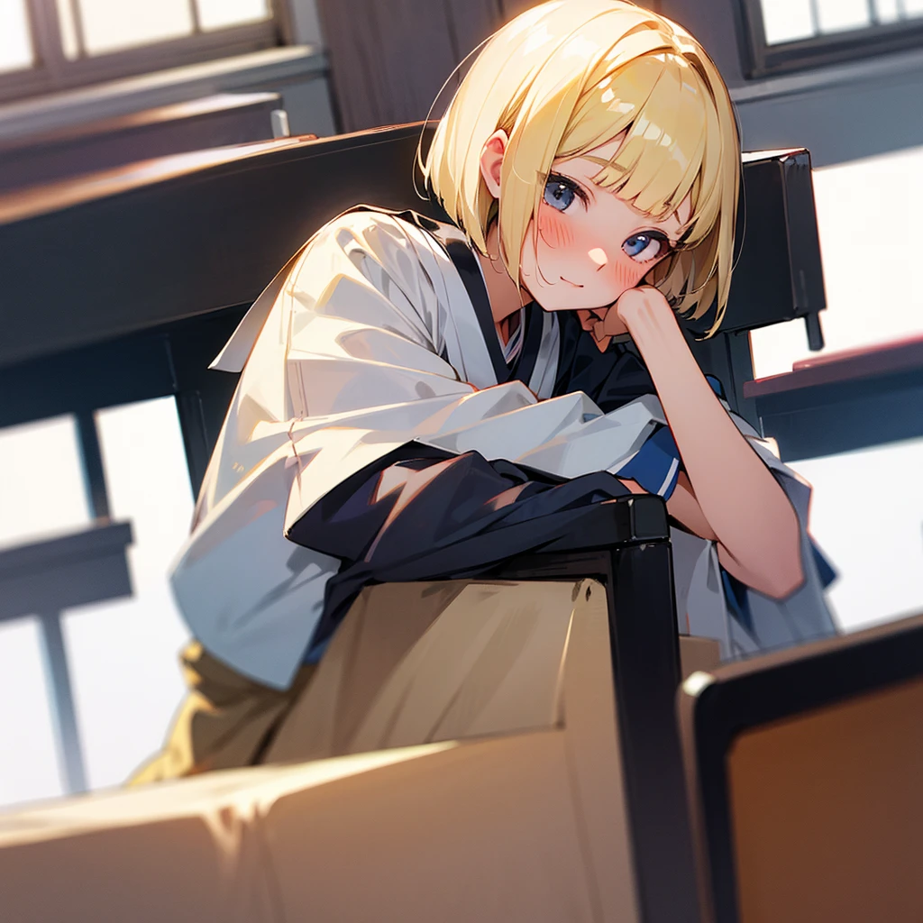 Japanese Girls、blonde、Black hairline、Bobcut、wearing student uniform,Blushing、School、alone