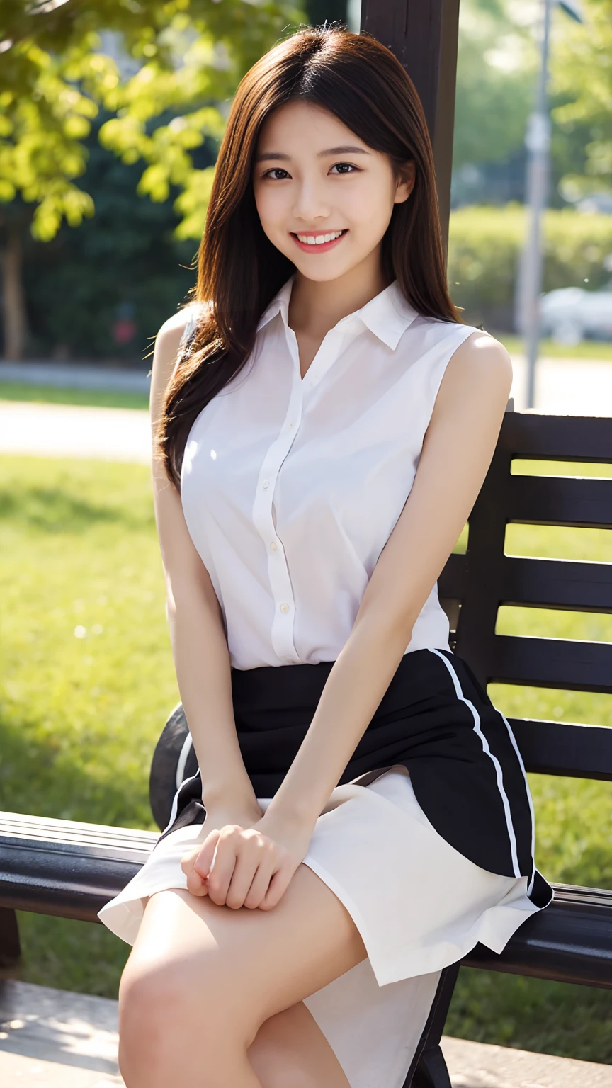 Japanese office lady、Sleeveless Shirt、lunch、sitting on a park bench、smile、Check tight mini skirt、masterpiece,best quality,ultra detailed,highres,high-resolution,4K,realistic,RAW photo,((real person)),portrait photography,photorealistic,detailed skin,(delicate black eyes ), A soothing woman with sagging eyes,Calm and calm, middle hair,skinny,clothing,The wind is blowing,tareme、Beautiful legs、Small shirt、Panty shot、((Knees are higher than hips))、White shorts、Bend your knees、Knee Up、(huge breasts)、(Her shirt was about to burst because of her large bust),Detailed Details