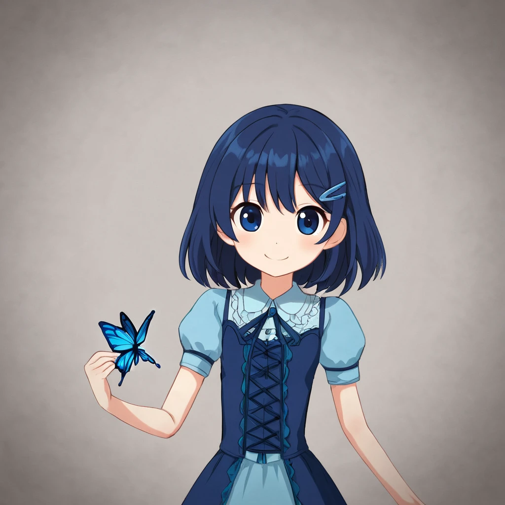 A beautiful  with a sweet ta smile, has long dark blue hair, dark blue eyes, wears a blue shirt with a short blue skirt, wears a hair clip, Wearing a blue butterfly-shaped hairpin, smiling very sweetly,Very cute smile,  little body, slim,Fair skin, Skin color is slightly white 