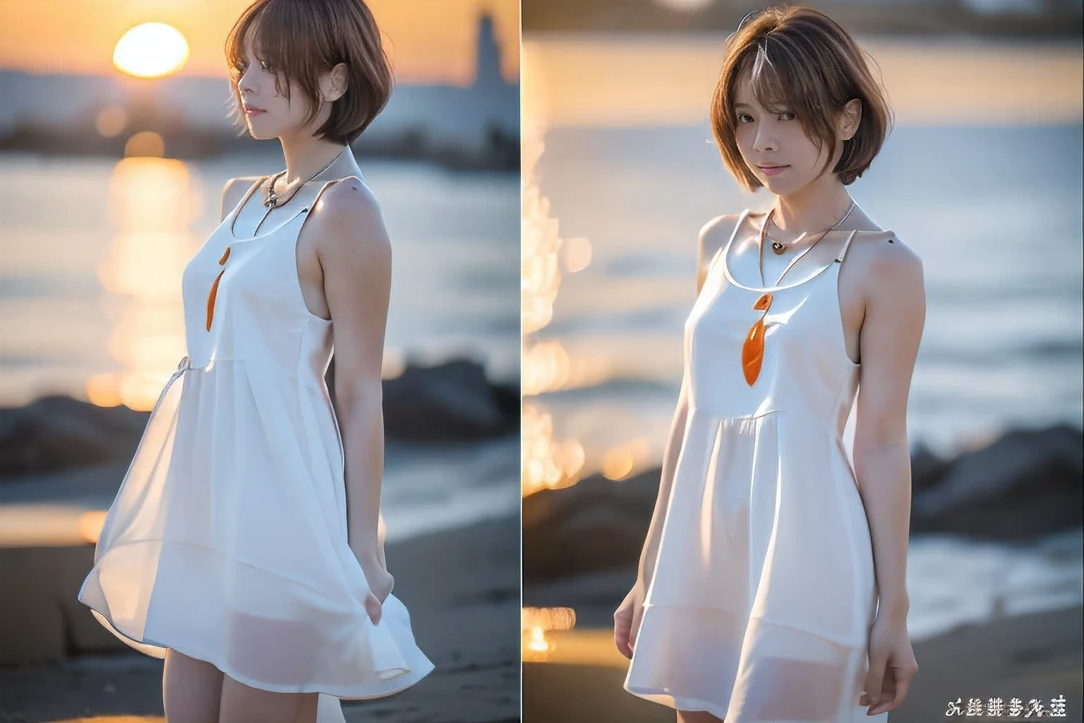 (A beautiful profile without looking at the camera:1.5)、(Sitting on the beach with my knees hugged、Profile of a woman looking at the beautiful sunset over the sea、18-year-old female:1.5)、(The best quality at its best:1.4), (Super detailed), (Very detailed CG unified 16k), Beautiful woman with perfect figure: 1.4, Sharp focus: 1.2, Very detailed, High-quality RAW color photos, Professional photography, Great face and eyes, cosmetics, (Amazingly beautiful girl), ((Summer white dress:1.5)), Realistic movie faces, Full body long view from head to toe, Realistic, ((Realistic natural orange red hairstyle)), ( Short Bob Hair:1.5), (necklace:1.5)、, Very beautiful face, Perfect model beauty, Mouth swelling, Highly detailed face and skin texture, Fine grain, double eyelid, Medium chest, (masterpiece), Highest quality, High resolution, Very detailed, Blurred Background, Depth of written boundary, Cinema Lighting, Great legs, , Clear, well-maintained skin,((Full body shot from head to toe:1.5))