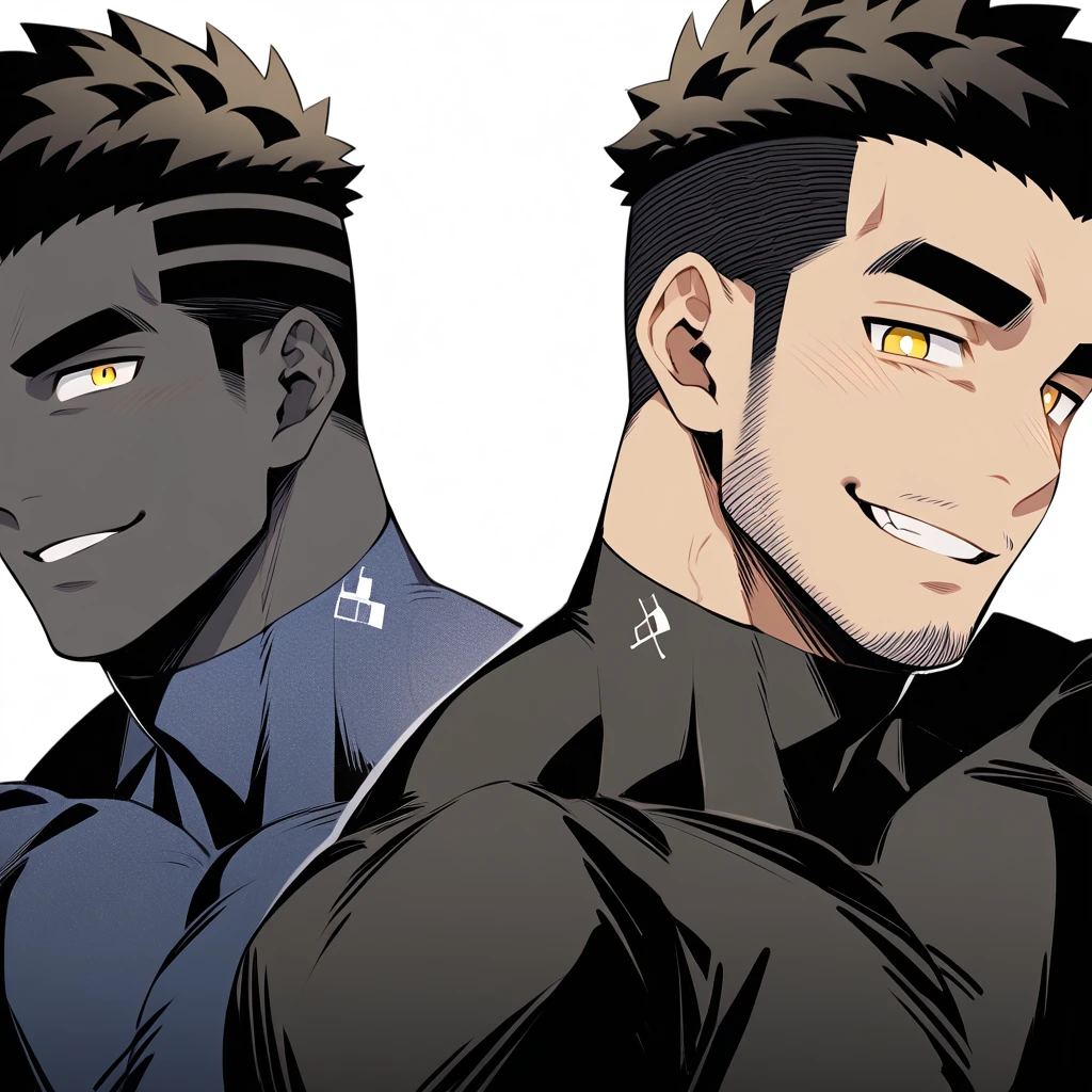 one negro, anime characters:Gyee, Hibino Kafka, One Muscle Sports Student, negro black skin, Very Black, muscular tough guy, Manliness, male focus, Grey long sleeve turtleneck tight t-shirt, Regular symmetrical pattern, Very tight, muscular male, muscular, only, Upper body, alone, Black short hair, Thick eyebrows, stubble, Yellow eyes, White background, simple background, amazing quality, best aesthetics, Ridiculous, bright pupils, crew cut, parted lips, seductive smile, torogao, naughty face, best quality