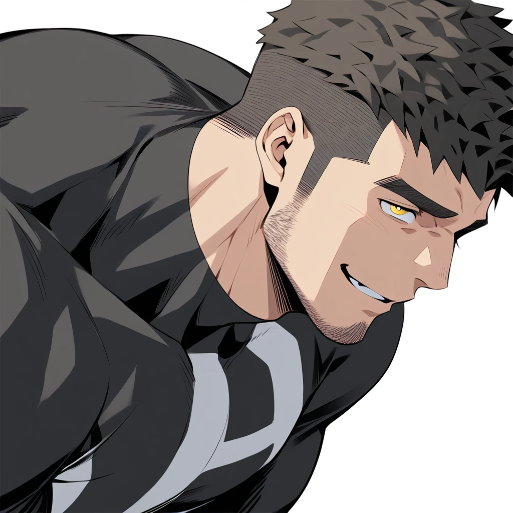 one negro, anime characters:Gyee, Hibino Kafka, One Muscle Sports Student, negro black skin, Very Black, muscular tough guy, Manliness, male focus, Grey long sleeve turtleneck tight t-shirt, Regular symmetrical pattern, Very tight, muscular male, muscular, only, Upper body, alone, Black short hair, Thick eyebrows, stubble, Yellow eyes, White background, simple background, amazing quality, best aesthetics, Ridiculous, bright pupils, crew cut, parted lips, seductive smile, torogao, naughty face, best quality