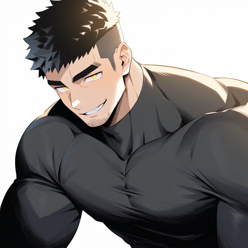 one negro, anime characters:Gyee, Hibino Kafka, One Muscle Sports Student, negro black skin, Very Black, muscular tough guy, Manliness, male focus, Grey long sleeve turtleneck tight t-shirt, Regular symmetrical pattern, Very tight, muscular male, muscular, only, Upper body, alone, Black short hair, Thick eyebrows, stubble, Yellow eyes, White background, simple background, amazing quality, best aesthetics, Ridiculous, bright pupils, crew cut, parted lips, seductive smile, torogao, naughty face, best quality