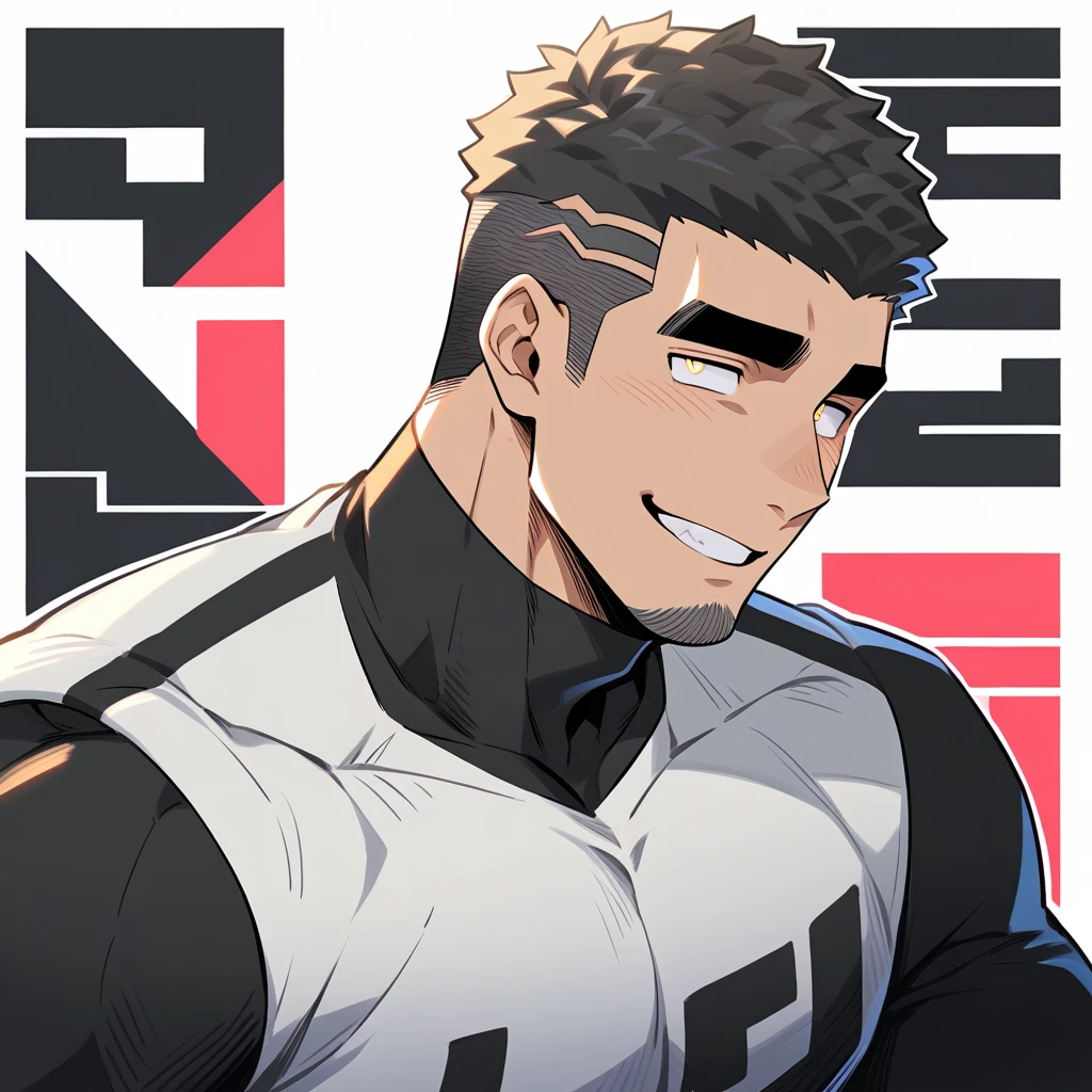 one negro, anime characters:Gyee, Hibino Kafka, One Muscle Sports Student, negro black skin, Very Black, muscular tough guy, Manliness, male focus, Grey long sleeve turtleneck tight t-shirt, Regular symmetrical pattern, Very tight, muscular male, muscular, only, Upper body, alone, Black short hair, Thick eyebrows, stubble, Yellow eyes, White background, simple background, amazing quality, best aesthetics, Ridiculous, bright pupils, crew cut, parted lips, seductive smile, torogao, naughty face, best quality