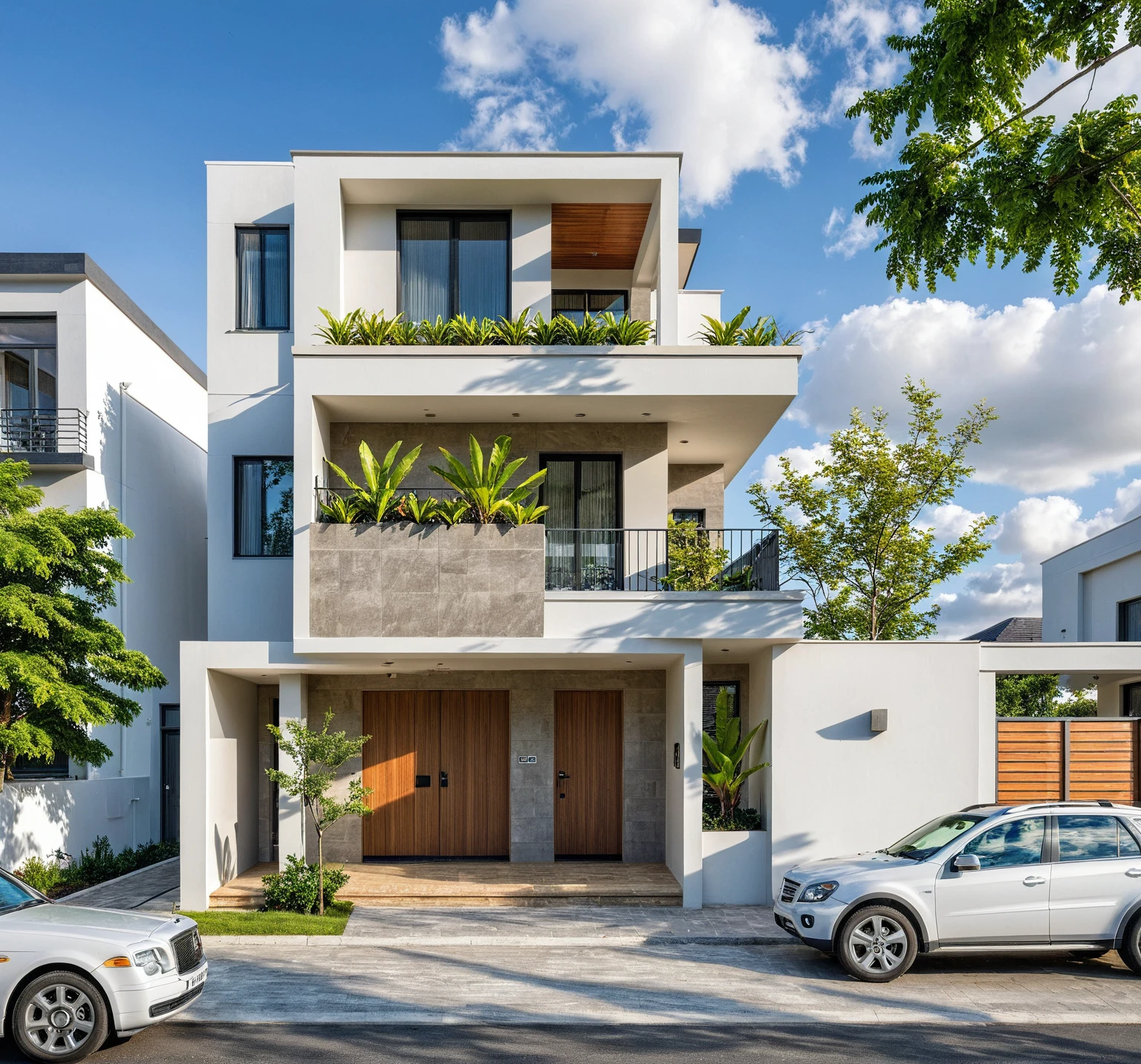 Masterpiece, high quality, best quality, authentic, realistic scene, super detail, outdoors, house on the street, white wall, electric power pole, glass window, steel gate, road, pavement, grass, trees, sky, cloud, car (daylight:1.1)
