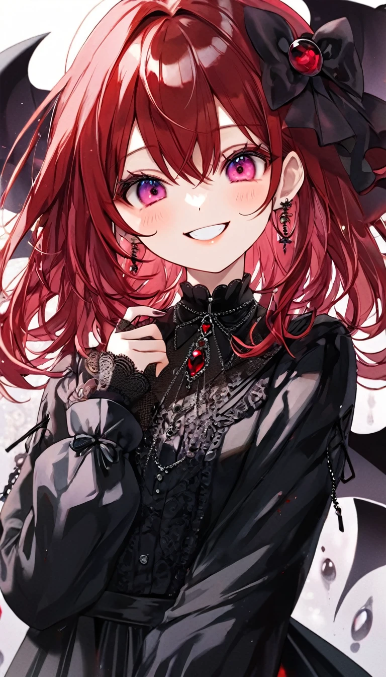A very cute goth anime girl with redhead hair and bangs, wearing rings on her fingers, pale skin, sharp eyes, dark makeup, she has long acrylic nails that have been bordeaux painted, intricate rings on fingers, wearing a burgundy and black outfit, She exudes sophistication and cool. in the style of hyper realistic. fasion style, mysterious smile