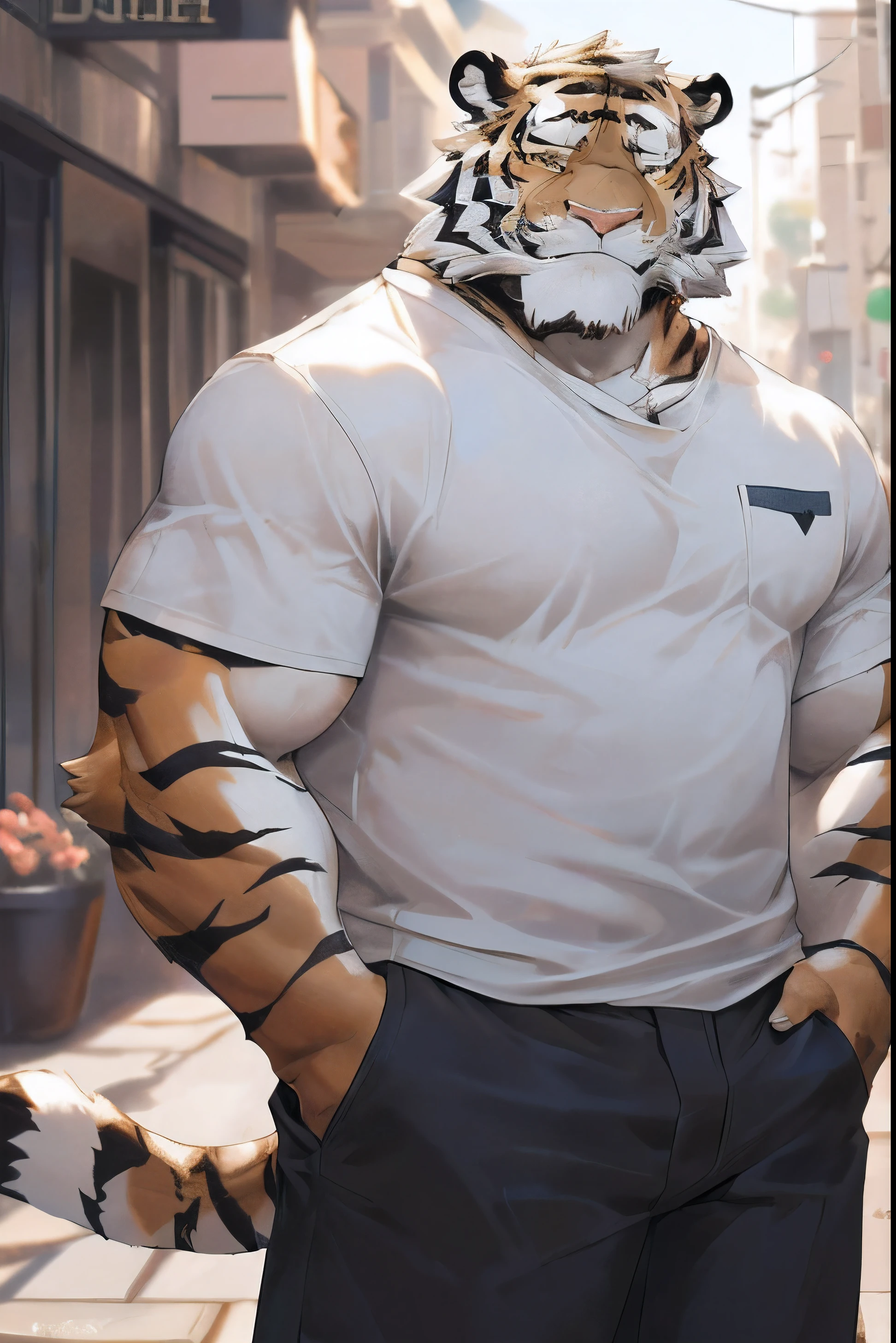 hairy,((tiger,White short sleeve,White shorts)),fur,White short hair,male,Common,full-body shot,(((Golden Eyes))),(((Mature))),(((Hands in pockets))),(((Smile))),(((greet))),Full body details ,Mature,Strong body,detailed city background,(((lifelike))) ,(((masterpiece))),(((Very detailed))),lifelike