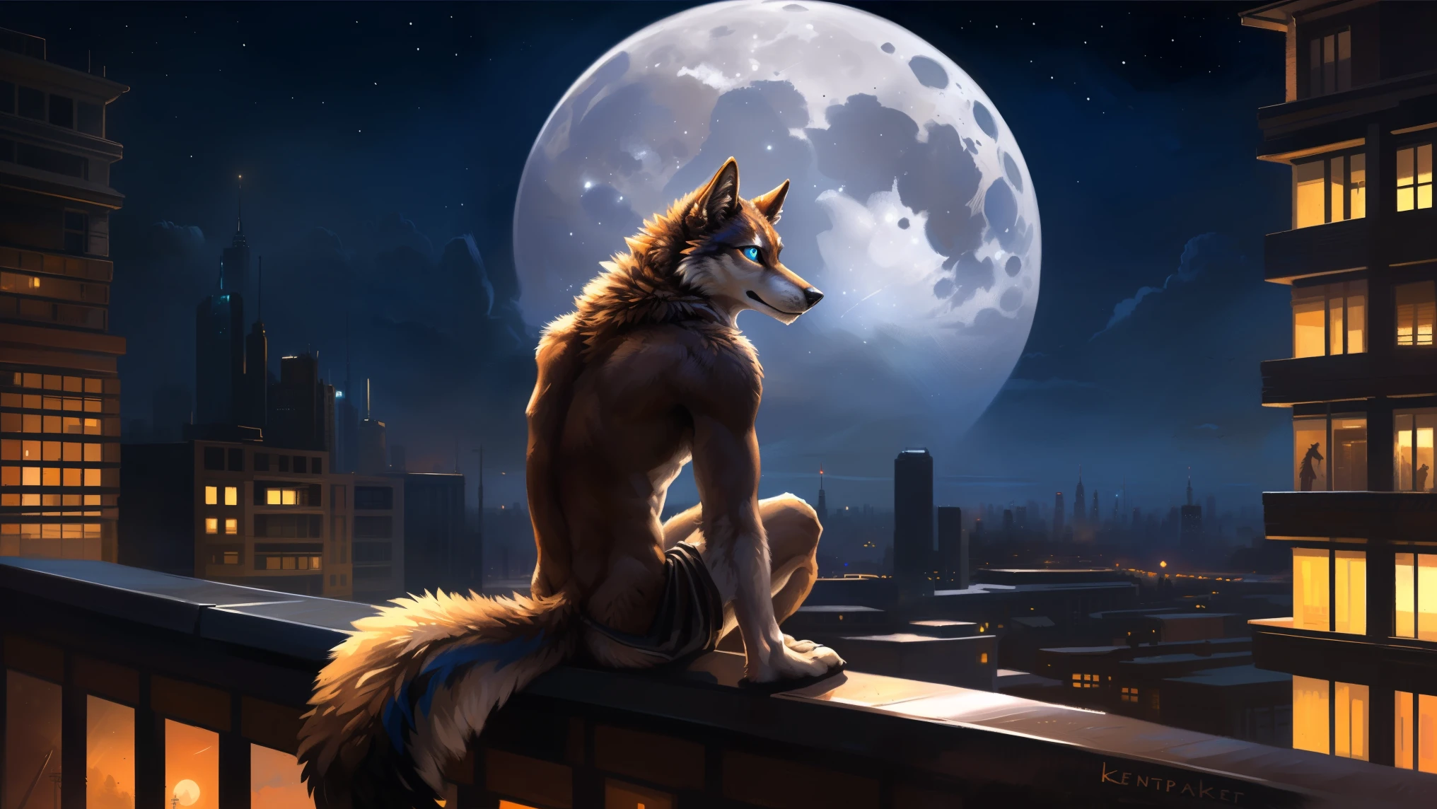 ((Solo)), male people, anthro wolf, (Multi-colored fur, White-brown:1.3), ((Wolf face, Big eyes, White eyelids, Blue pupil, Slim:1.2) (Tough, Calm expression:1.2)), (Height 2.1 meters,Tail length 1.5m), Abs, Slim, pinging, (Correct anatomy), (Contour bone:1.2), The upper body is naked, (detailed outfits), a long large tail，Feet，(Realistic fur, Detailed fur texture, labeled:1.3)), (Natural lighting), Photorealistic, Hyperrealistic, ultradetailed, by Kenket，In the modern city，Roof，the night，Sit alone，Look at the full moon，It was dark，Starry