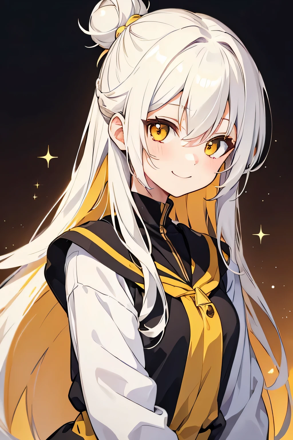 A woman with long white hair and yellow eyes in a black and white ...