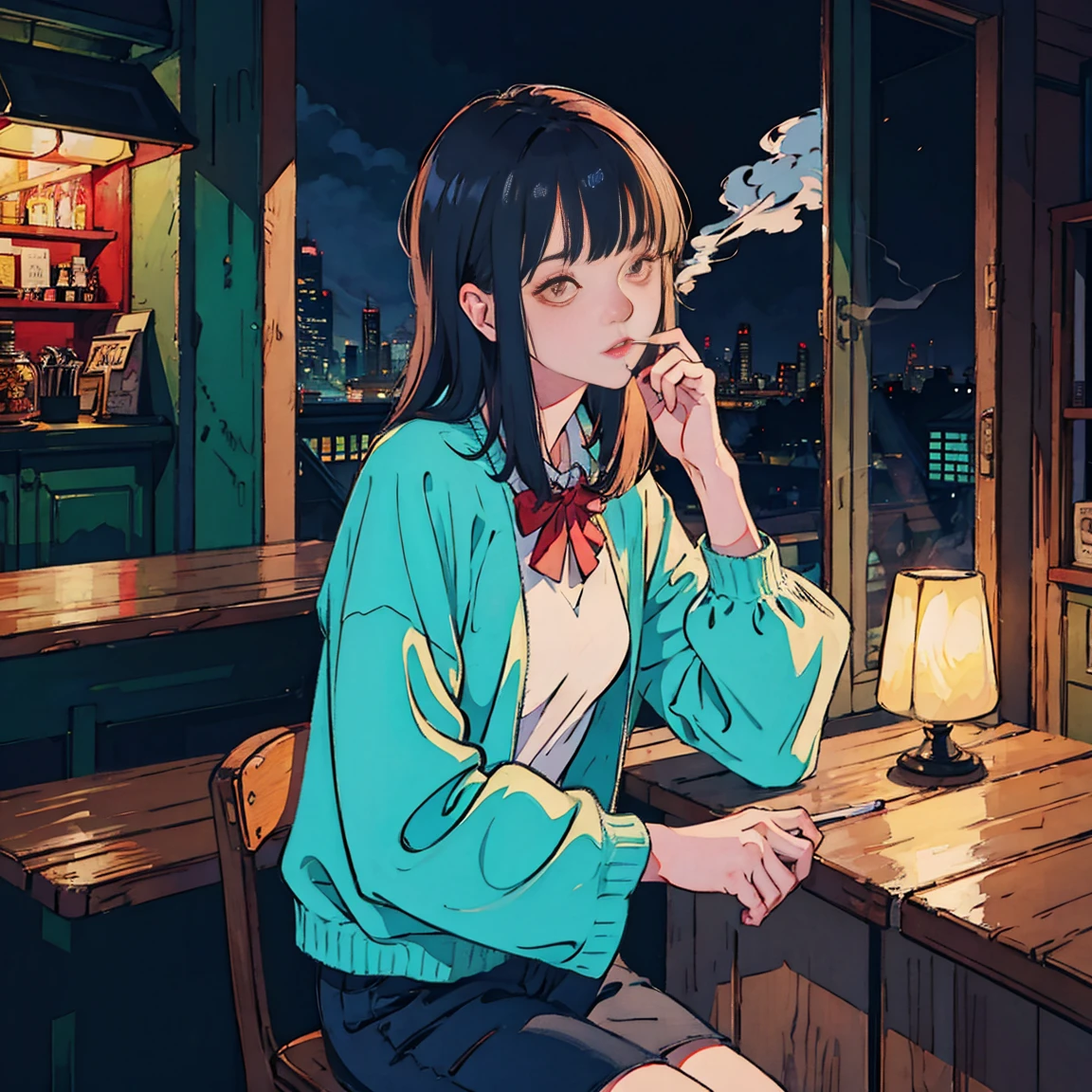 Beautiful redhead Asian girl sitting in a restaurant at night, Visible from the window, Perfect Face, sunglasses, Smoking white Taylormade cigarettes, Neon Black, (Backlight: 1.1), Hard Shadows, masterpiece, Highest quality, Complex, Model shooting style, Vintage, Film Grain, Incomplete details,smoke,cigarette