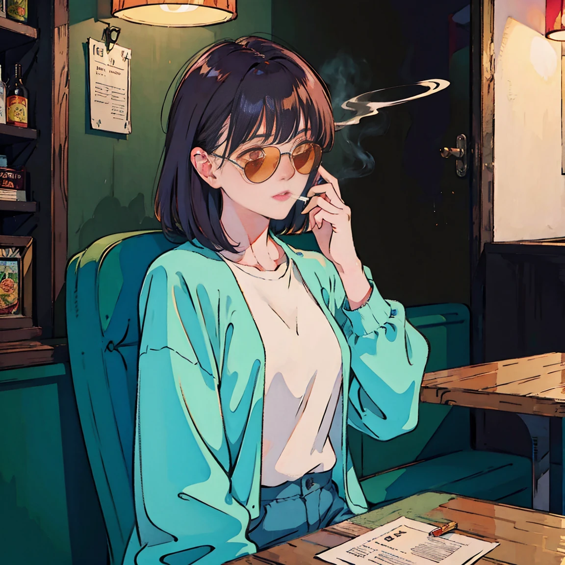 Beautiful redhead Asian girl sitting in a diner at night, Visible from the window, Perfect Face, sunglasses, Smoking white Taylormade cigarettes, Neon Black, (Backlit: 1.1), Hard Shadows, masterpiece, Highest quality, Complex, Model shooting style, Vintage, Film Grain, Incomplete details