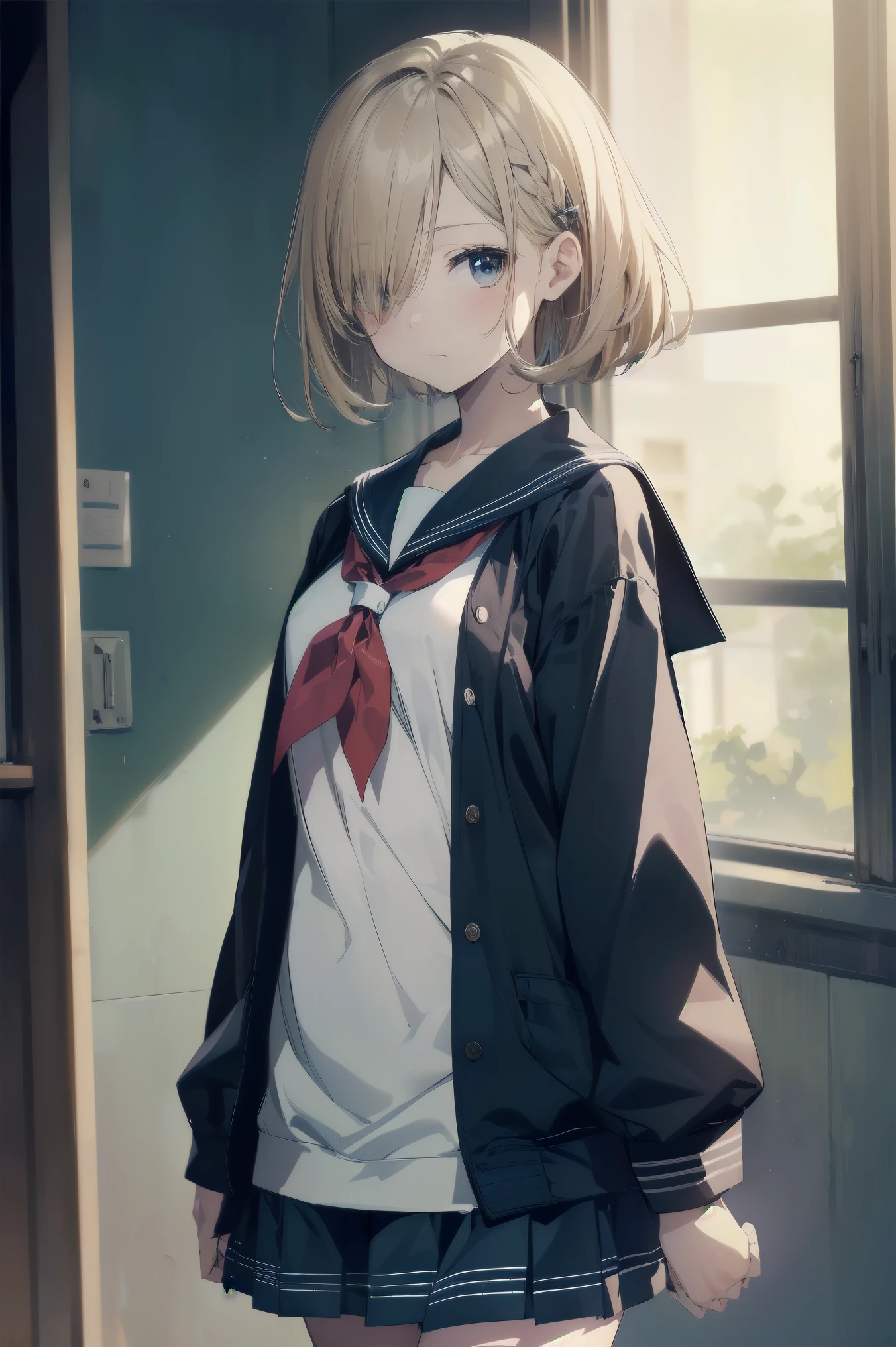 highest quality, anime moe art style,Best Anime 8K Kona-chan Wallpaper,Pixiv contest winners,perfect anatomy, (Please draw a girl walking sleepily to school.. ),break, 1 girl, (alone,,,13 years old:1.3),high school student, short hair, amount, (hair above one eye:1.7),All limbs, full finger,medium breasts, between legs, small eyes,Precise black eyes, hair clip, (sailor suit:1.5),(school uniform:1.5) skirt,On the way to school. break,Super detailed,High resolution,super dense skin, professional lighting,8K eye details, (cute illustration:1.2),blonde,blonde hair,No expression,(hair over one eye:1.5),sailor uniform