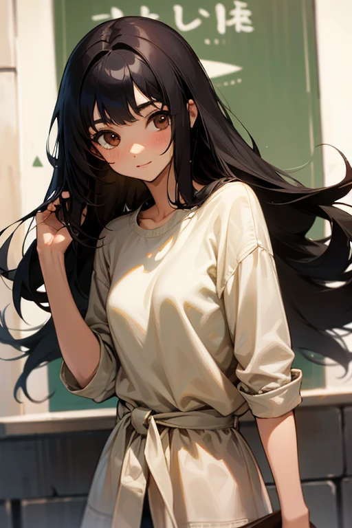 17 year old woman has shoulder length black hair and olive skin, has brown doe eyes, wears casual clothes