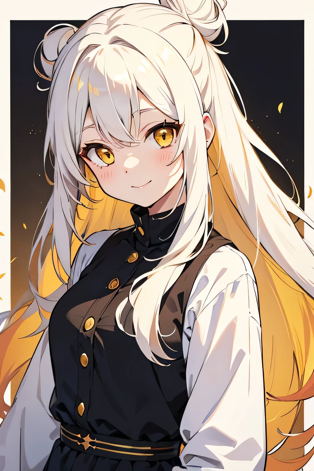 cute anime girl, smiling, white hair and yellow hair , hair in a bun, long hair, messy hair, golden eyes