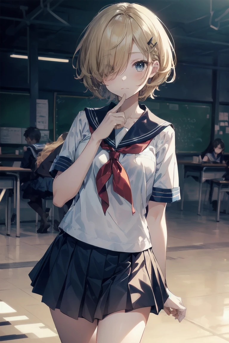 highest quality, anime moe art style,Best Anime 8K Kona-chan Wallpaper,Pixiv contest winners,perfect anatomy, (Please draw a girl walking sleepily to school.. ),break, 1 girl, (alone,,,13 years old:1.3),high school student, short hair, amount, (hair above one eye:1.7),All limbs, full finger,medium breasts, between legs, small eyes,Precise black eyes, hair clip, (sailor suit:1.5),(school uniform:1.5) skirt,On the way to school. break,Super detailed,High resolution,super dense skin, professional lighting,8K eye details, (cute illustration:1.2),blonde,blonde hair,No expression,(hair over one eye:1.5),sailor uniform