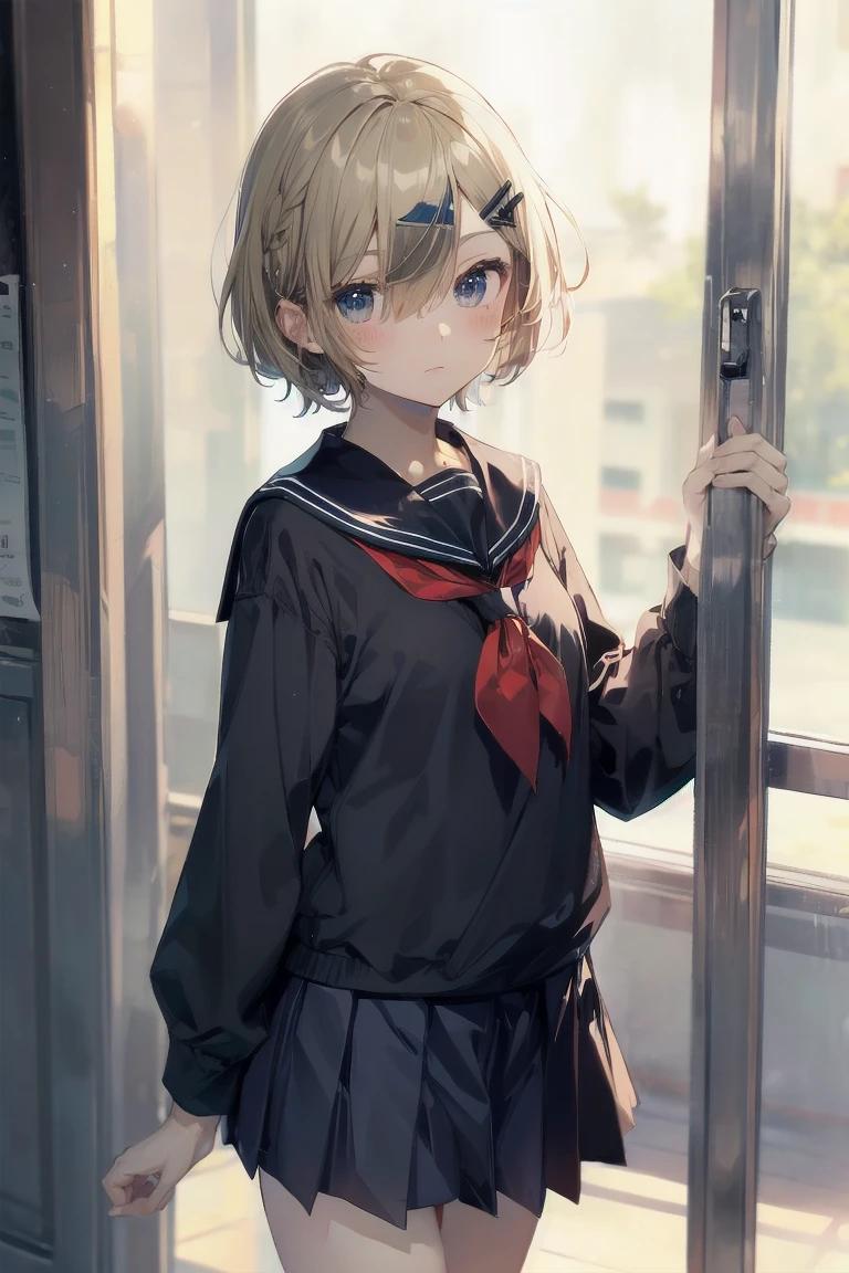 highest quality, anime moe art style,Best Anime 8K Kona-chan Wallpaper,Pixiv contest winners,perfect anatomy, (Please draw a girl walking sleepily to school.. ),break, 1 girl, (alone,,,:1.3),high school student, short hair, amount, (hair above one eye:1.7),All limbs, full finger,medium breasts, between legs, small eyes,Precise black eyes, hair clip, (sailor suit:1.5),(school uniform:1.5) skirt,On the way to school. break,Super detailed,High resolution,super dense skin, professional lighting,8K eye details, (cute illustration:1.2),blonde，blonde hair，No expression，(hair over one eye:1.5)，sailor uniform