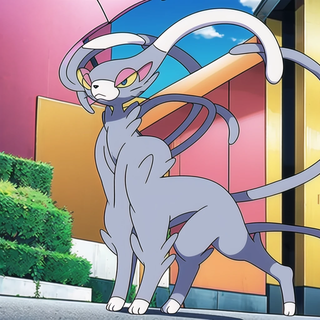 glameow, dual colored fur, grey fur, white fur, green eyes, colored sclera, yellow sclera, pink eyelid, spiraled tail, city background, walking on sidewalk, quadruped, on all fours