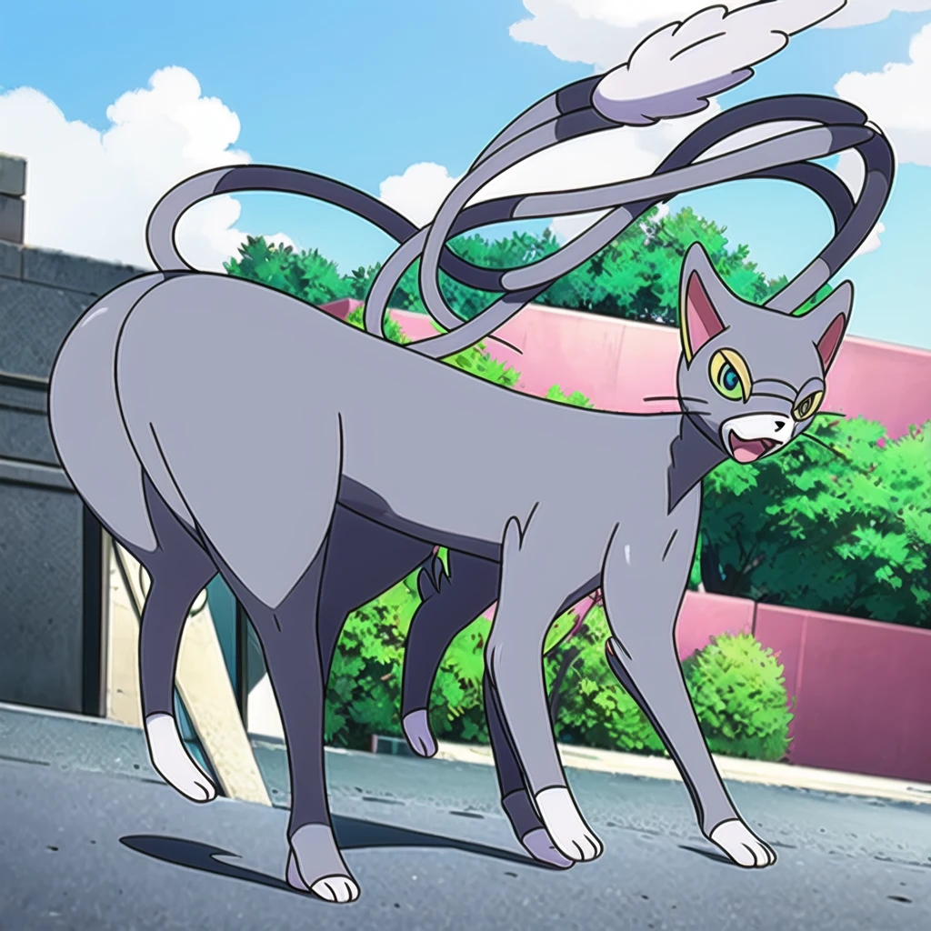 glameow, dual colored fur, grey fur, white fur, green eyes, colored sclera, yellow sclera, pink eyelid, spiraled tail, city background, walking on sidewalk, quadruped, on all fours