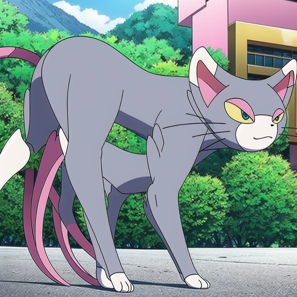 glameow, dual colored fur, grey fur, white fur, green eyes, colored sclera, yellow sclera, pink eyelid, spiraled tail, city background, walking on sidewalk, quadruped, on all fours