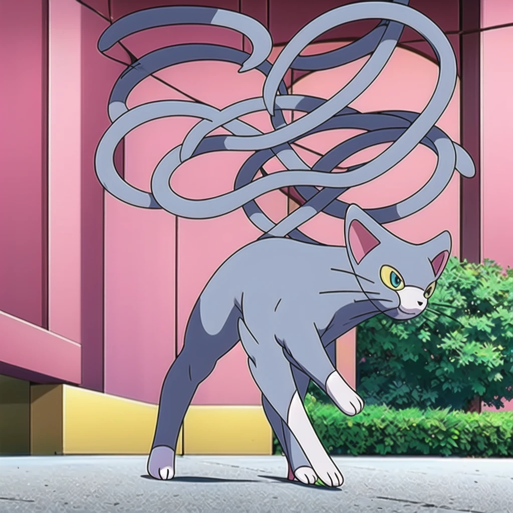 glameow, dual colored fur, grey fur, white fur, green eyes, colored sclera, yellow sclera, pink eyelid, spiraled tail, city background, walking on sidewalk, quadruped, on all fours