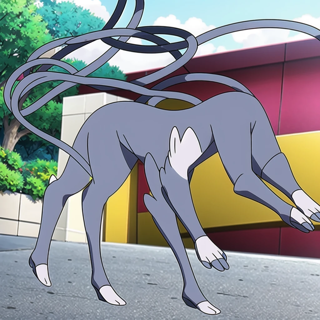 glameow, dual colored fur, grey fur, white fur, green eyes, colored sclera, yellow sclera, pink eyelid, spiraled tail, city background, walking on sidewalk, quadruped, on all fours