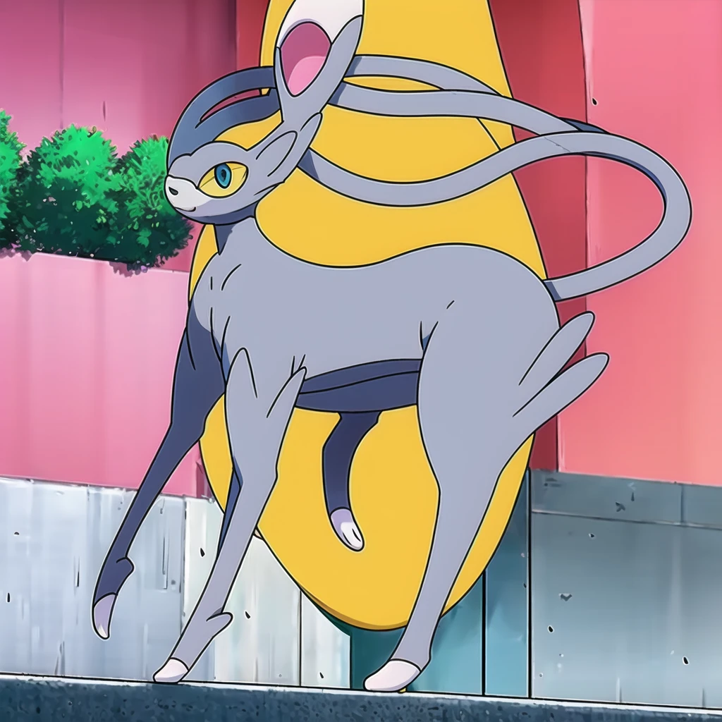 glameow, dual colored fur, grey fur, white fur, green eyes, colored sclera, yellow sclera, pink eyelid, spiraled tail, city background, walking on sidewalk, quadruped, on all fours