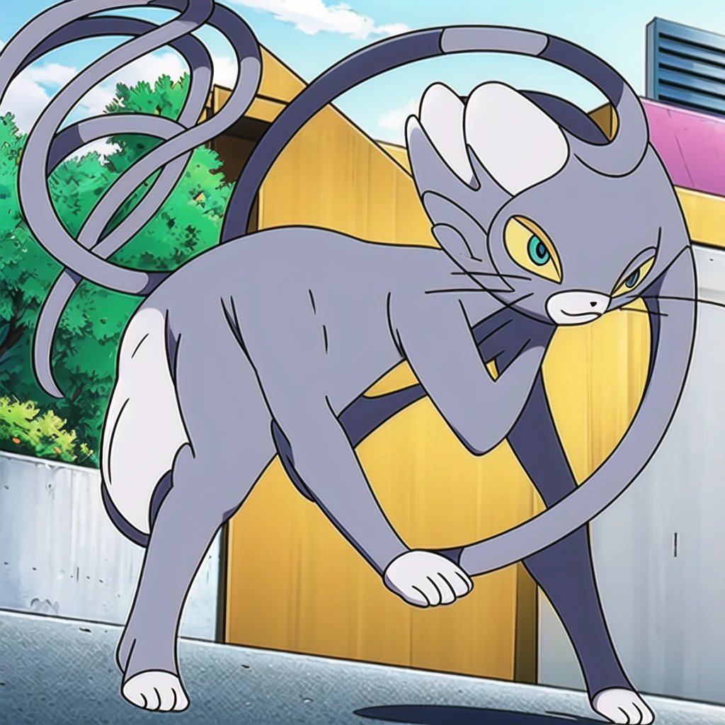 glameow, dual colored fur, grey fur, white fur, green eyes, colored sclera, yellow sclera, pink eyelid, spiraled tail, city background, walking on sidewalk, quadruped, on all fours