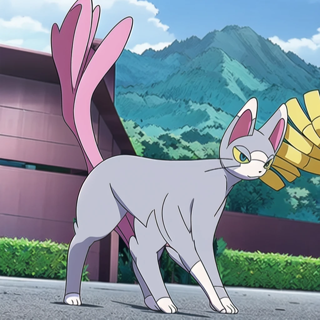 glameow, dual colored fur, grey fur, white fur, green eyes, colored sclera, yellow sclera, pink eyelid, spiraled tail, city background, walking on sidewalk, quadruped, on all fours
