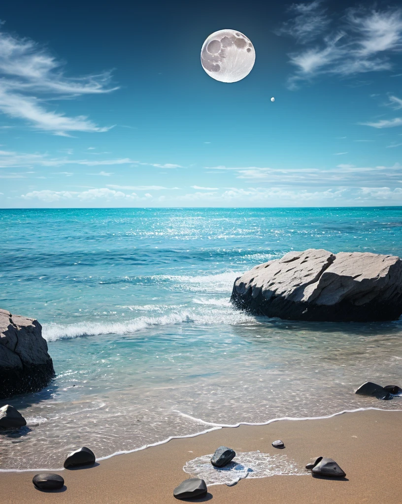 waning moon. flowers roses, stones transparent and diamond crystal in water, on the beach, fantasy, smoke , photo, HD, 8K ,