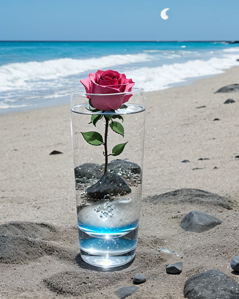 waning moon. flowers roses, stones transparent and diamond crystal in water, on the beach, fantasy, smoke , photo, HD, 8K ,