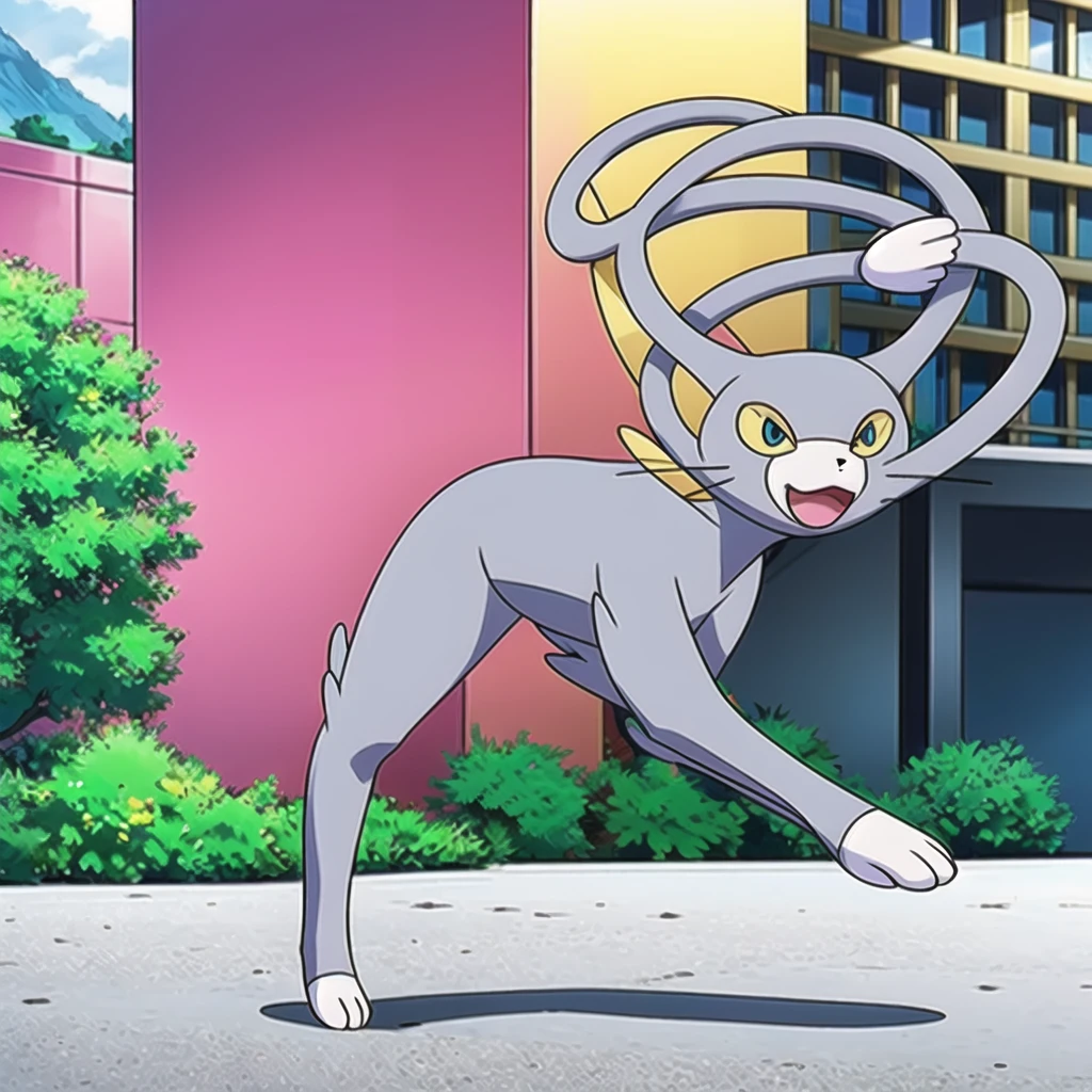 glameow, dual colored fur, grey fur, white fur, green eyes, colored sclera, yellow sclera, pink eyelid, spiraled tail, city background, walking on sidewalk, quadruped, on all fours