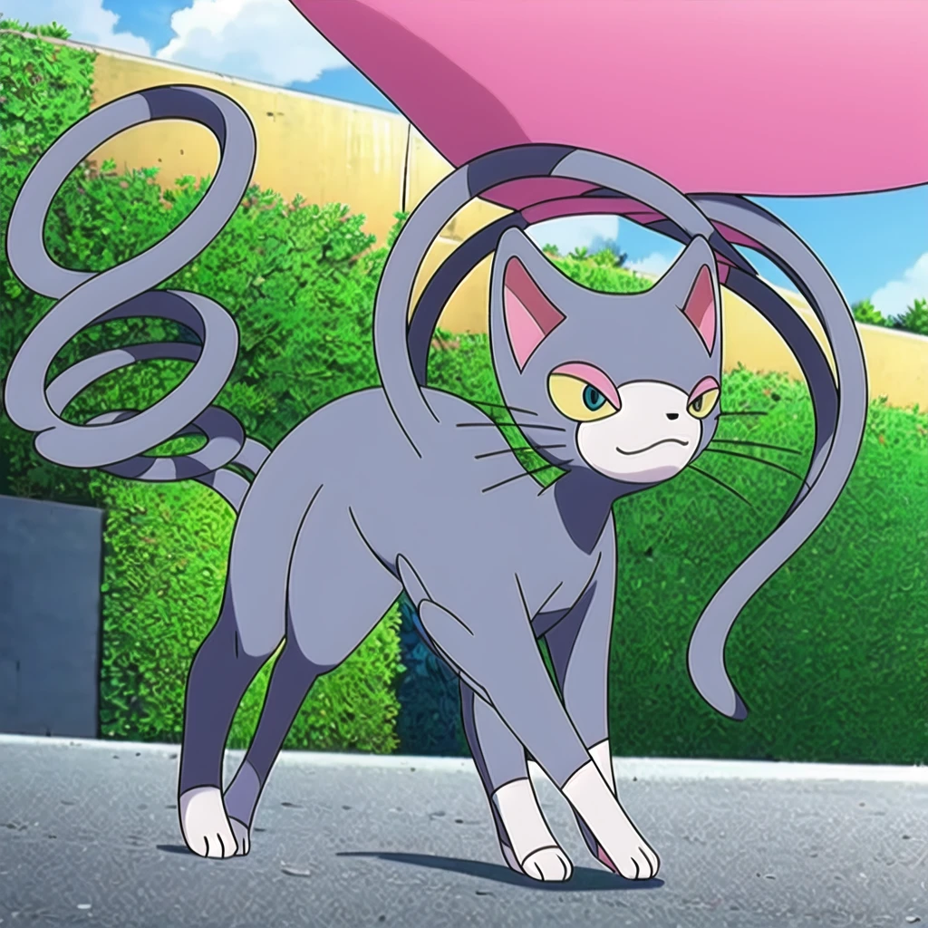 glameow, dual colored fur, grey fur, white fur, green eyes, colored sclera, yellow sclera, pink eyelid, spiraled tail, city background, walking on sidewalk, quadruped, on all fours