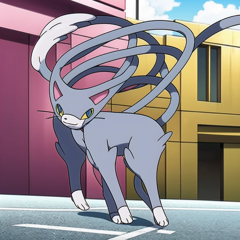 glameow, dual colored fur, grey fur, white fur, green eyes, colored sclera, yellow sclera, pink eyelid, spiraled tail, city background, walking on sidewalk, quadruped, on all fours