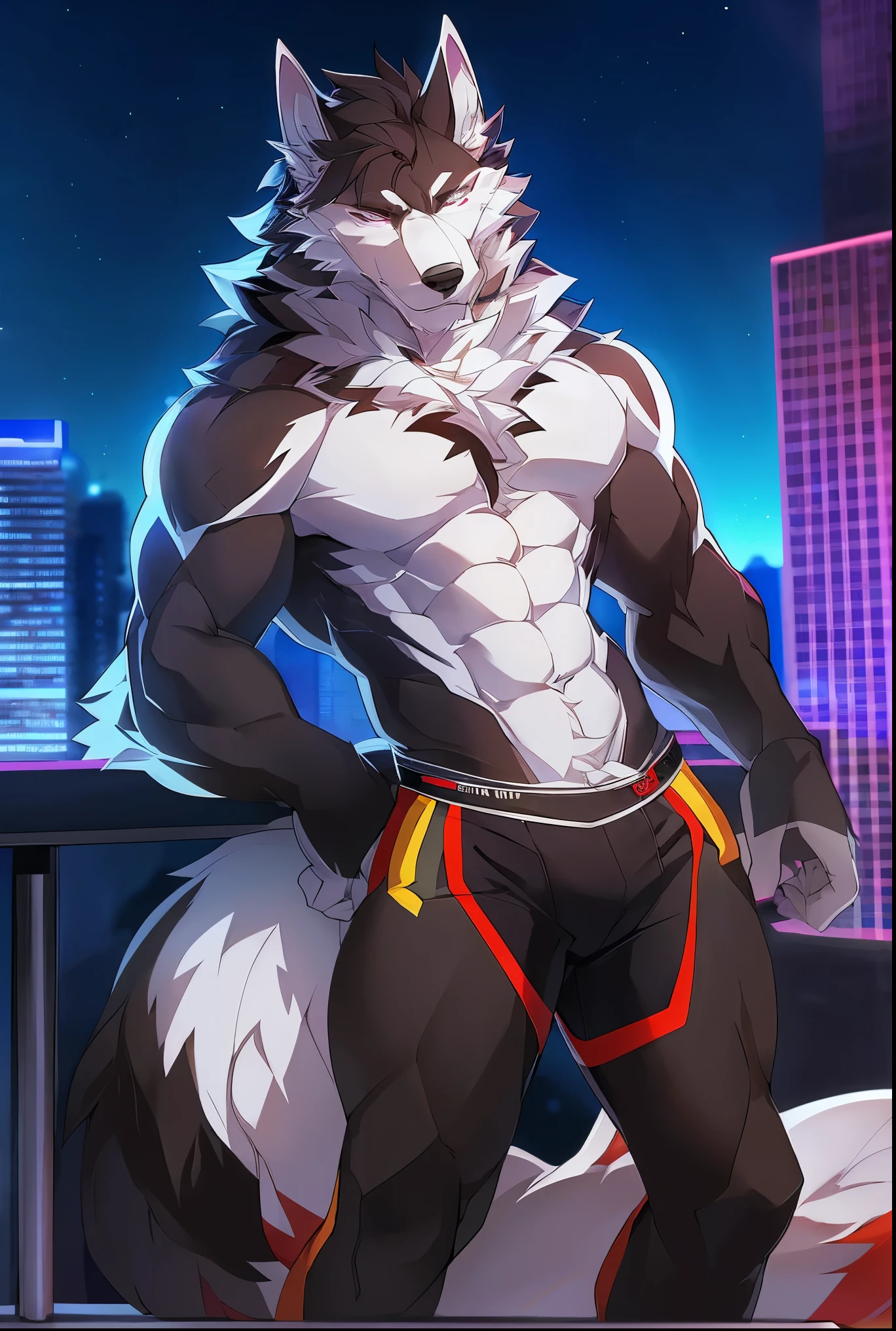 ((Solo)), male people, anthro wolf, (Multi-colored fur, White tail pointed), (Height 3meters,Tail length 2meters), Abs, pinginuscular, A long big tail, by patto, modern city