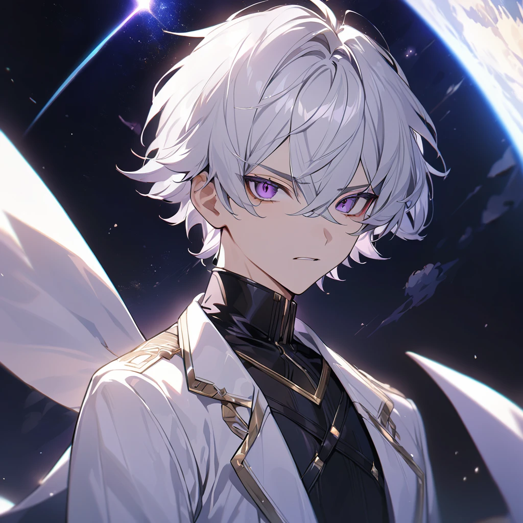High quality, HD, 4k, handsome male, 1male, 17 years old, teenager, golden lining, short white hair, sharp eyes, dark purple eyes, deep purple eyes, devil may cry, close up, calm expression, stoic expression, black leather clothes, white leather clothing, lean body, upper body, looking at viewer, cowboy shot, white solar, space background