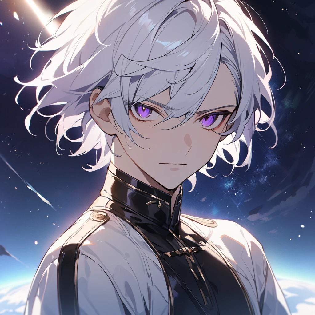 High quality, HD, 4k, handsome male, 1male, , teenager, go lining, short white hair, sharp eyes, dark purple eyes, deep purple eyes, devil may cry, close up, calm expression, stoic expression, black leather clothes, white leather clothing, lean body, upper body, looking at viewer, cowboy shot, white solar, space background