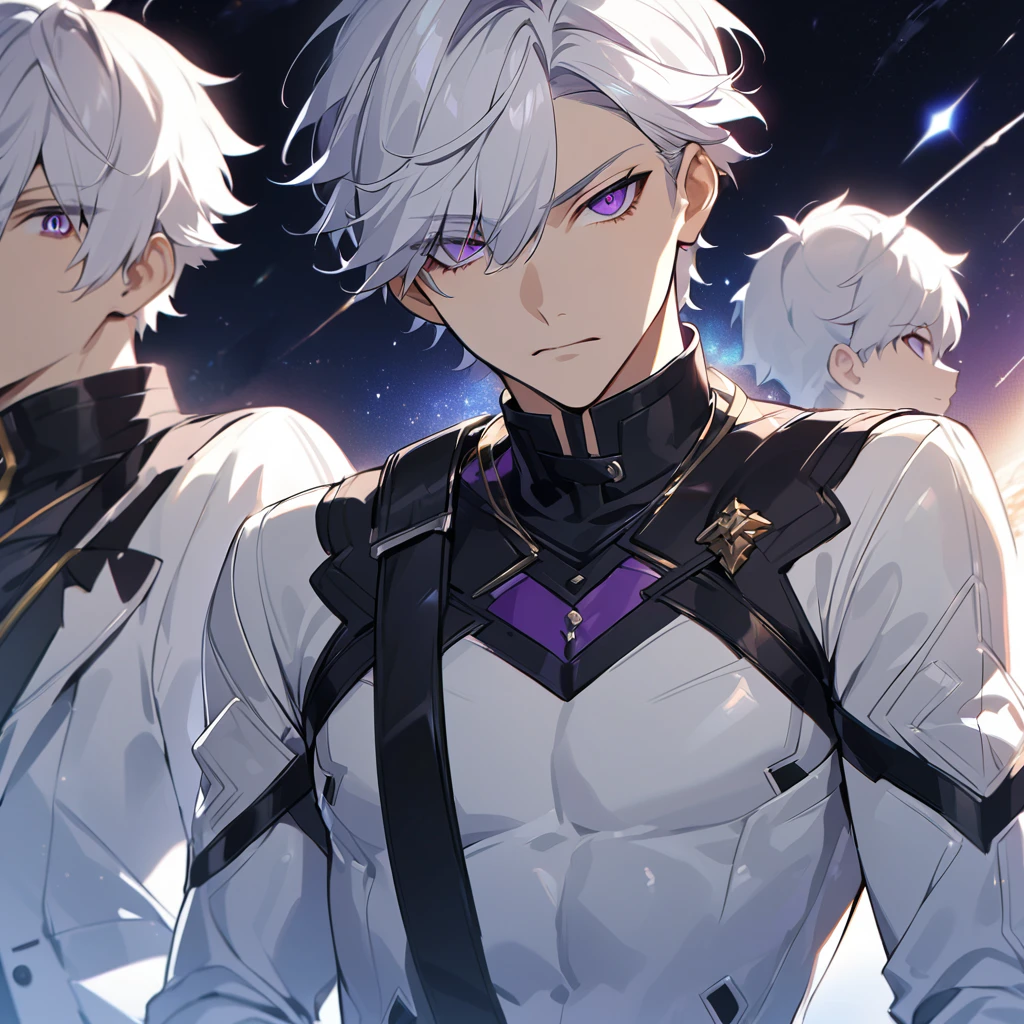 High quality, HD, 4k, handsome male, 1male, 17 years old, teenager, golden lining, short white hair, sharp eyes, dark purple eyes, deep purple eyes, devil may cry, close up, calm expression, stoic expression, black leather clothes, white leather clothing, lean body, upper body, looking at viewer, cowboy shot, white solar, space background