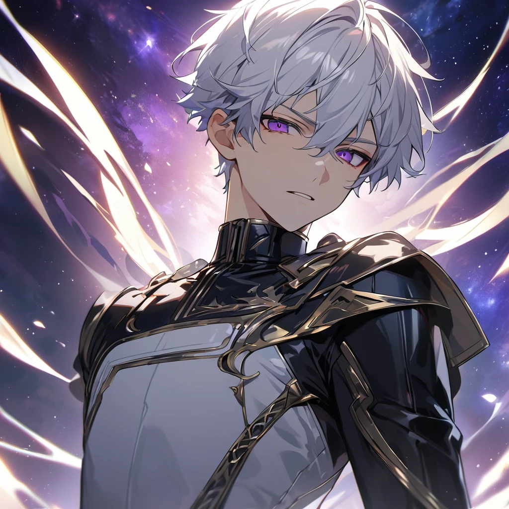 High quality, HD, 4k, handsome male, 1male, 17 years old, teenager, golden lining, short white hair, sharp eyes, dark purple eyes, deep purple eyes, devil may cry, close up, calm expression, stoic expression, black leather clothes, white leather clothing, lean body, upper body, looking at viewer, cowboy shot, white solar, space background