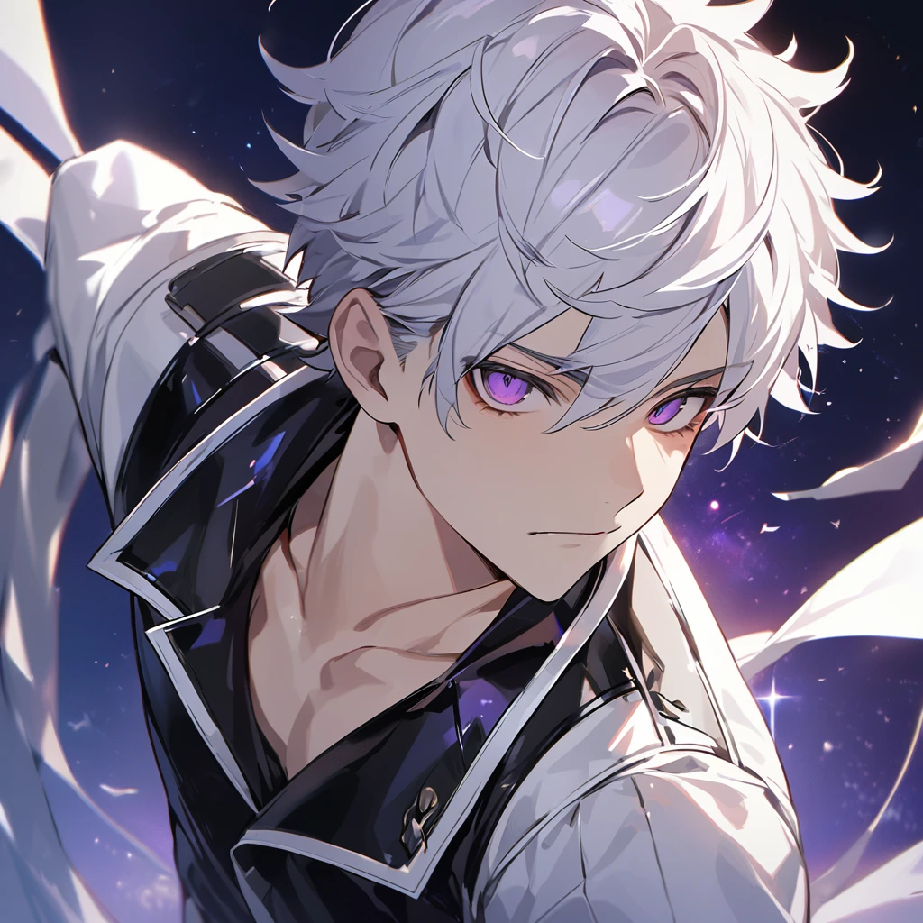 High quality, HD, 4k, handsome male, 1male, 17 years old, teenager, golden lining, short white hair, sharp eyes, dark purple eyes, deep purple eyes, devil may cry, close up, calm expression, stoic expression, black leather clothes, white leather clothing, lean body, upper body, looking at viewer, cowboy shot, white solar, space background