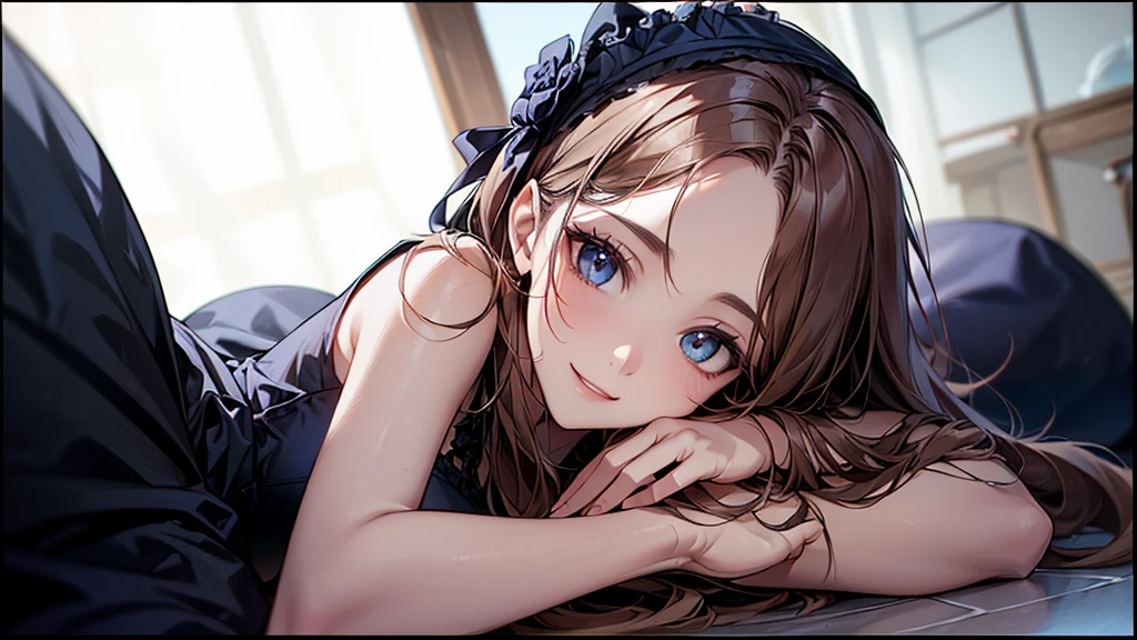 ((Biologically correct limb count))、((whole body including face))、4K、Masterpiece、((Focus on the face))、((Symmetrical, well-proportioned facial features))、Eyes with delicate depictions、(((1 person)))、Beautiful woman、Outstanding style、Slender Body、((Headband、Gothic ta、Blue dress、(High heels)))、(smile)、(Close-up photo of the upper body)、High angle、Look Up、Photo with white border、lie down、Prone