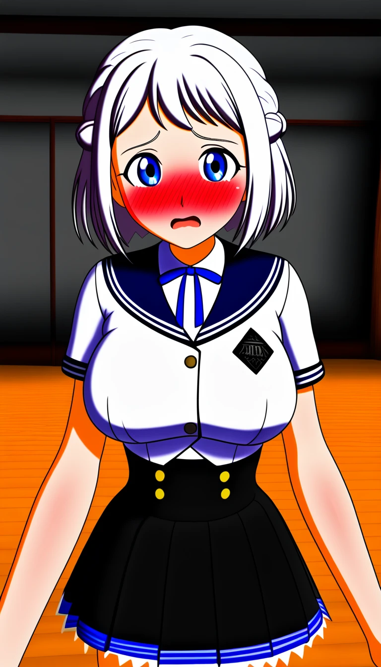 16k,1girl, katsuragi lilja,blue eyes,white hair,short hair,braid,,sailor collar,neck ribbon, white shirt,layered skirt,high-waist skirt,pov,looking view,blush,embarrassed,big breast,breast focus,NSFW
