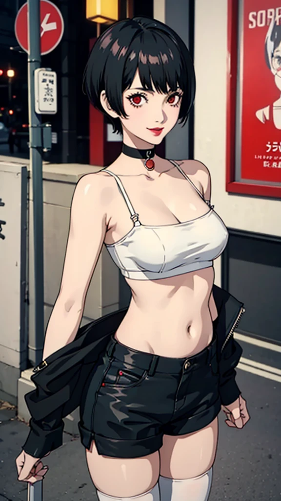 1 girl, red eyes, very Short hair, black choker, lipstick , smile, black hair, tomboy Pixie haircut, shorts, long socks, white bandeau, belly, medium breast, extreme micro shorts, stockings, cowboy shot, Tokyo street background