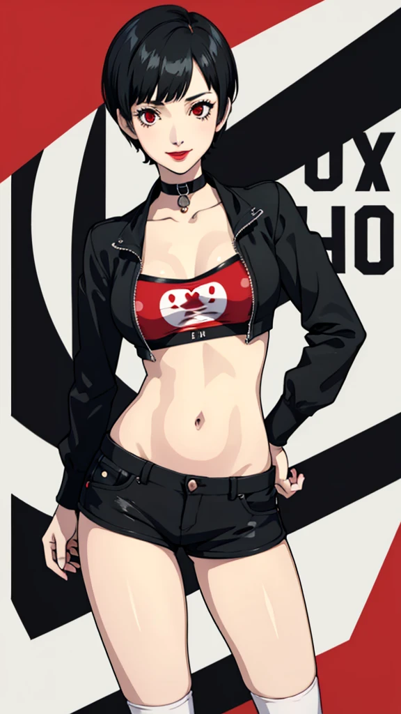 1girl, milf, serious face, red eyes, tomboy Pixie haircut, very Short hair, hair over one eye, black hair, black choker, white bandeau, belly, huge breast, extreme micro shorts, thicc legs, stockings, black lipstick, black lipstick ear piercings, cowboy shot, pose squating, arms up, armpits, boots