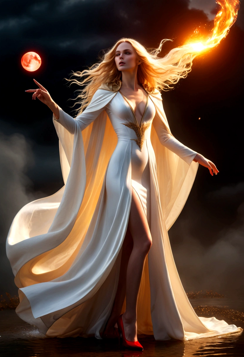 a tall lady in perfect body proportion, perfect face, perfect body, tight thin-white cloak, wet cloak, very long-golden hair, blowing hair, one hand pointing the sky, red high heels,golden rays surrounded, mystical aura, ethereal, fire element, death massive-flames in background, dark moon, unreal engine, cinema art photographic, cinematic motion picture, 8k, super detailed, bottom view, bottom camera angle