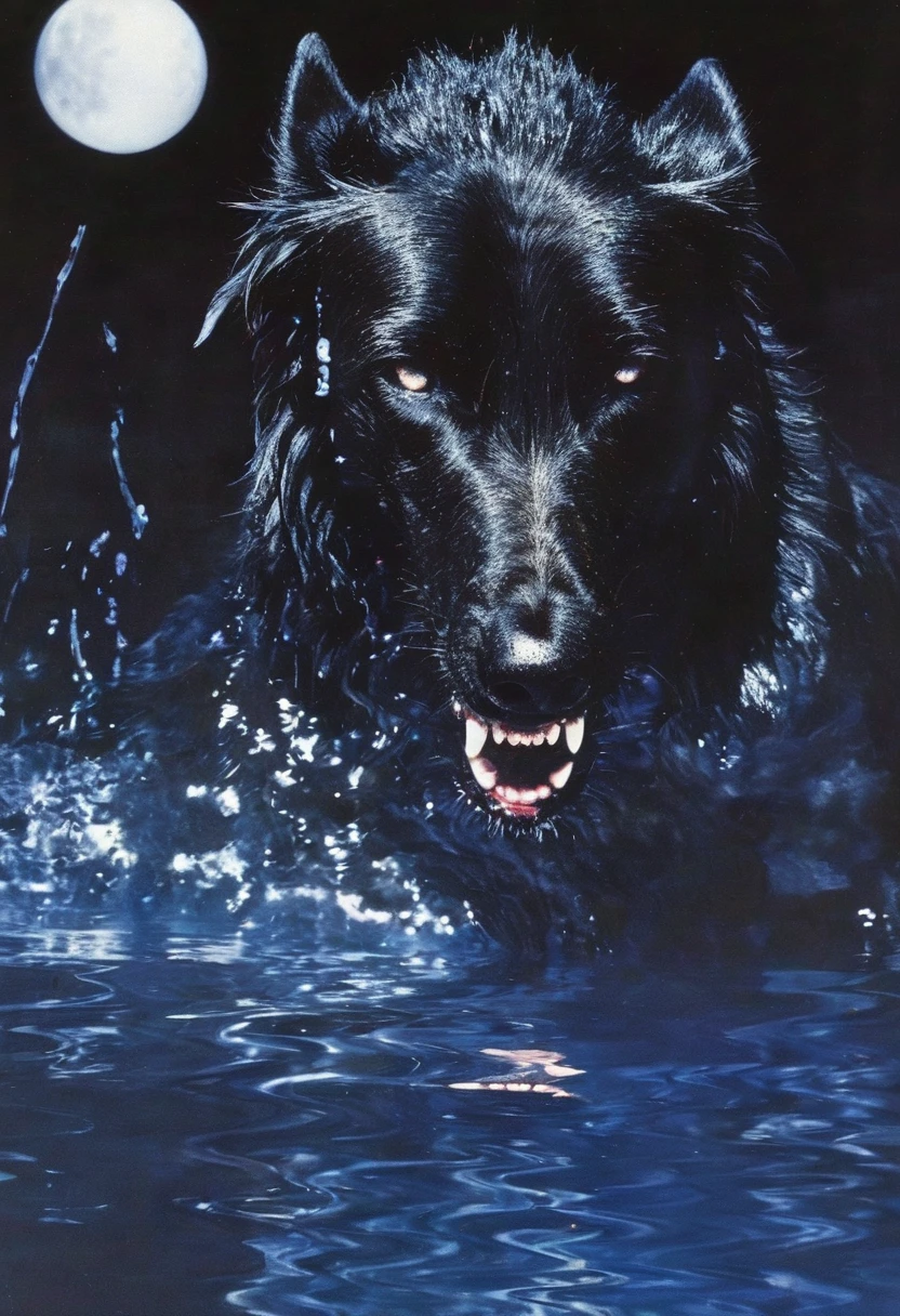 giant angry black dog in water at night, blue background