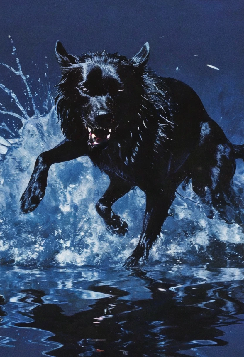 giant angry black dog in water at night, blue background