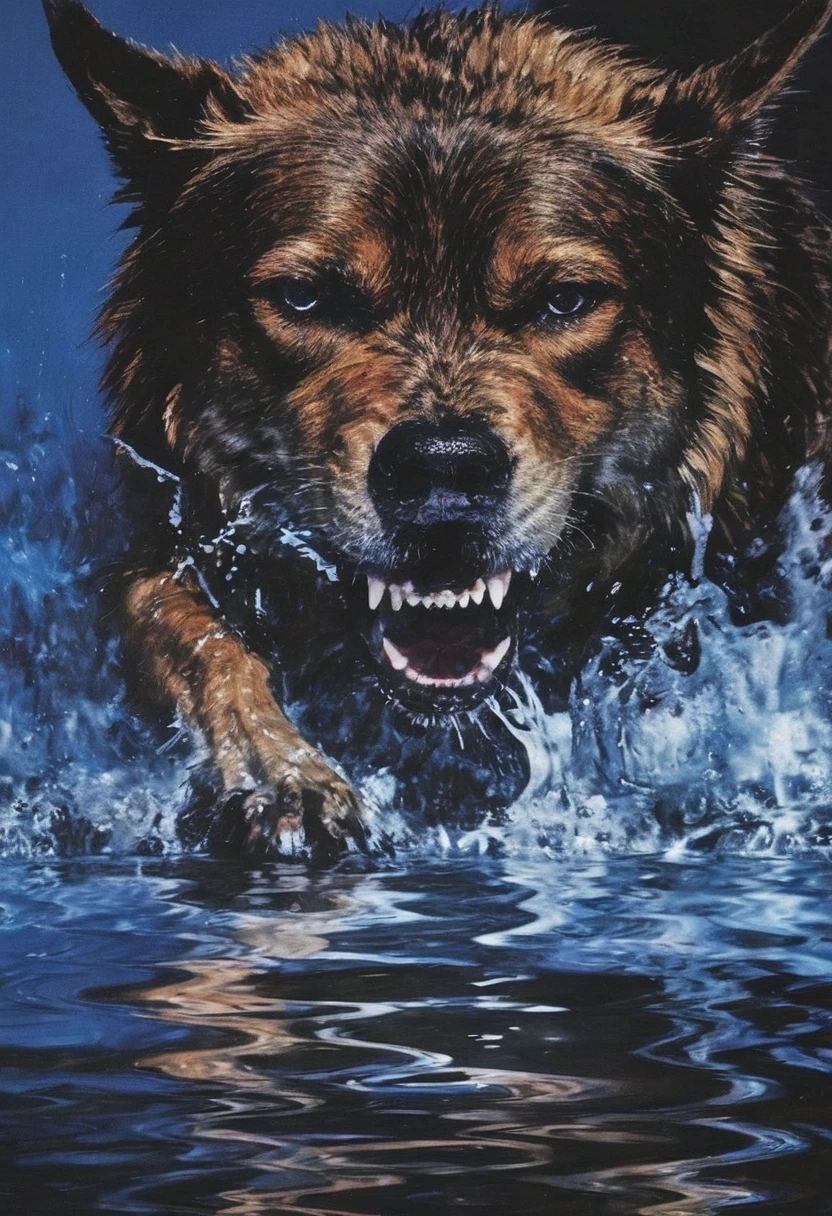 giant angry dog in water at night, blue background