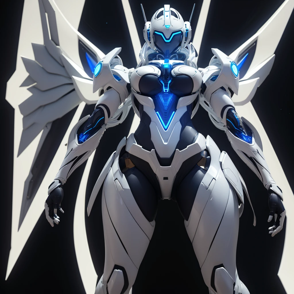 Dronificated unknown woman in a fully enclosed white latex fullbody suit with blue lights across the suit and star shaped glowing core in the chest, fully enclosed cyber helmet that cover her whole face and hides her identity with a blue screen that has a white star, huge breast, narrow waist, wide hips and thick thighs, Mechanical open wings, flying in the sky, no face, no hair, no mouth, no eyes, (perfect anatomy) (full body), (pov from below) 
